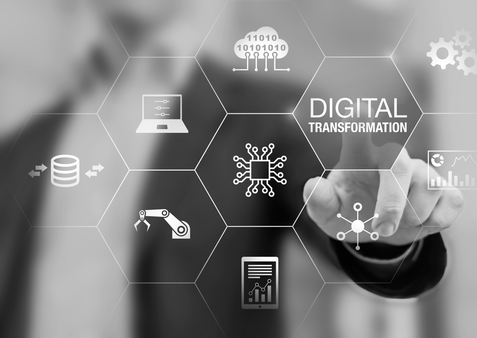 Digital transformation technology strategy, digitization and digitalization of business processes and data, optimize and automate operations, customer service management, internet and cloud computing